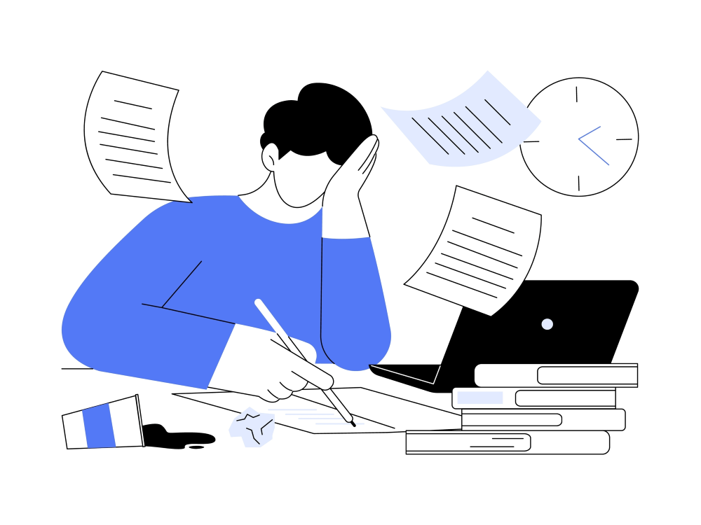 Illustration of a student, writing, while surrounded by flying papers, a ticking clock, an open laptop, a stack of books, and a spilled cup of coffee 