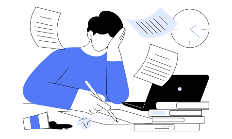 Illustration of a student, writing, while surrounded by flying papers, a ticking clock, an open laptop, a stack of books, and a spilled cup of coffee 