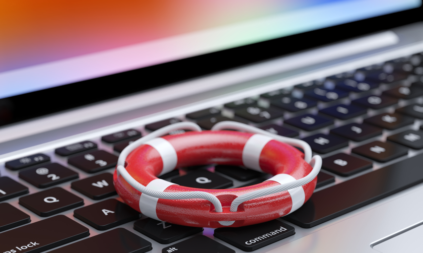A photorealistic illustration of a tiny live preserver sitting on the keyboard of a laptop 