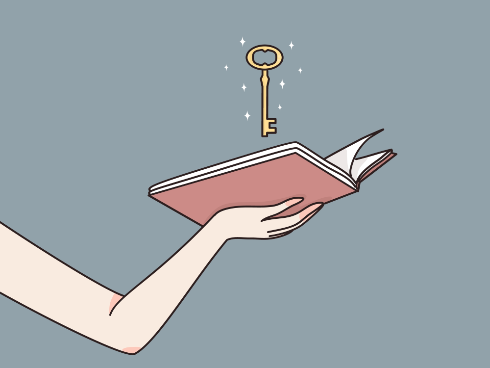 Illustration of a hand holding an open book above which a key floats, surrounded by small diamond shapes signifying shininess 