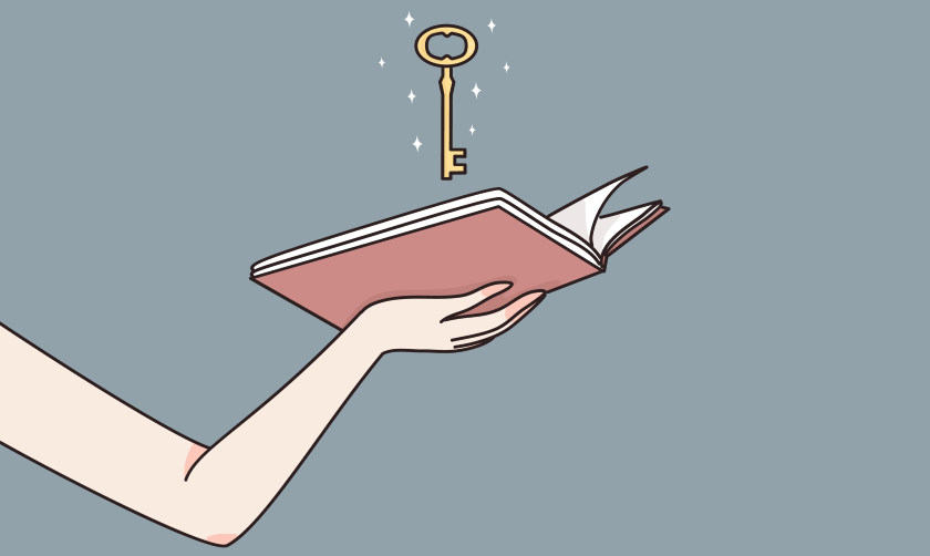 Illustration of a hand holding an open book above which a key floats, surrounded by small diamond shapes signifying shininess 
