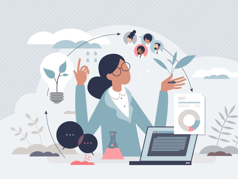 A woman surrounded by various symbols of scientific exploration (beaker, laptop, lightbulb, chart, growing plant, idea bubble) and images of a diverse array of people contributing to her thought process.