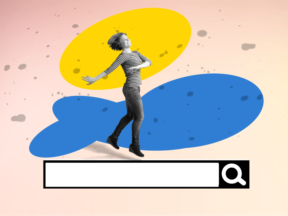 Photo illustration of a happy woman dancing atop a search bar. 