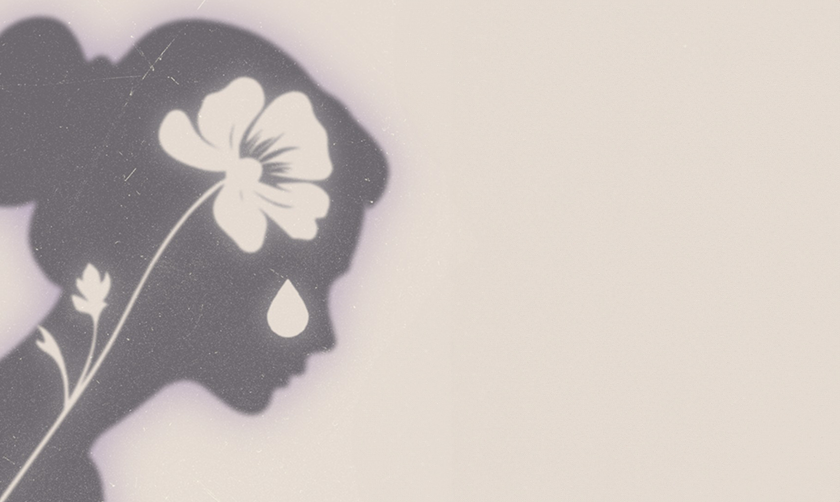 Illustration of a silhouette of a woman’s head, with a white flower growing as if up through her neck into her head, whether the blossom is in the position of her brain, a drop falling from it, near where the face in silhouette would shed a tear. 