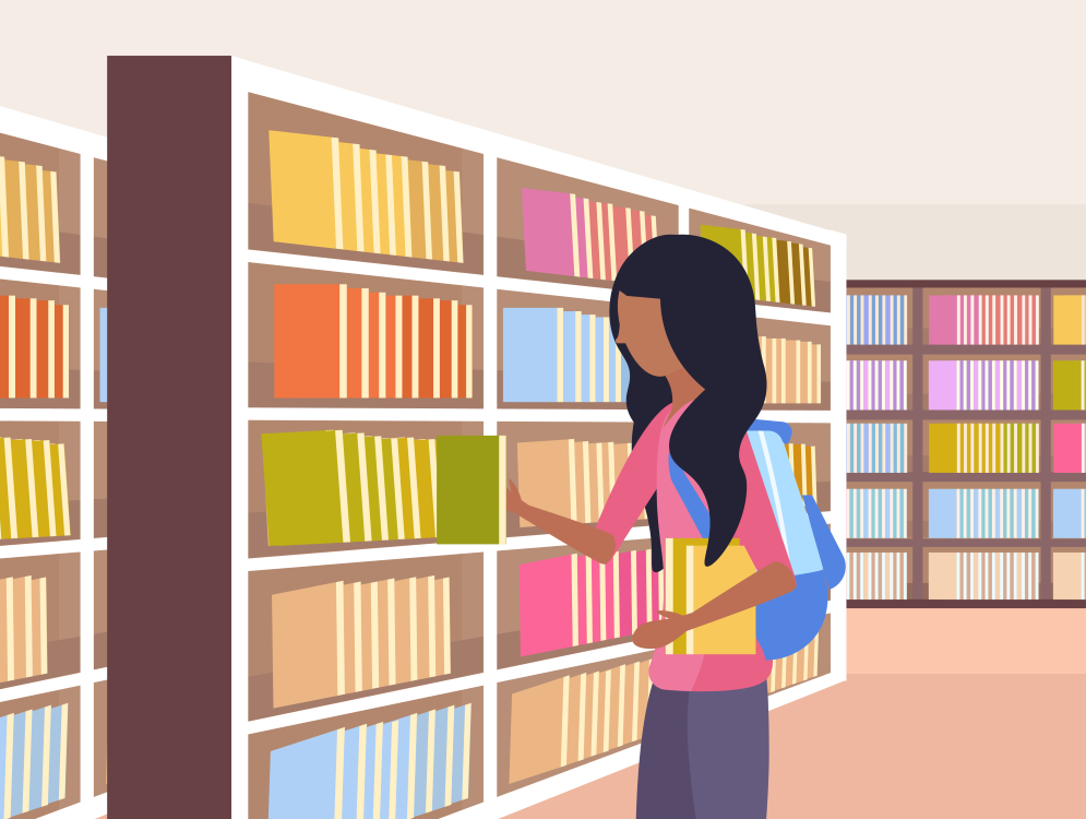 Illustration of a woman choosing a book from a library shelf.