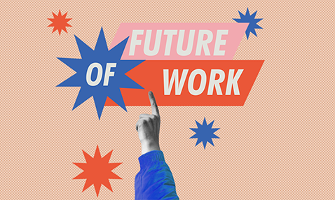 A graphic showing a finger pointing at the words “Future of Work” with starburst shapes in the background 