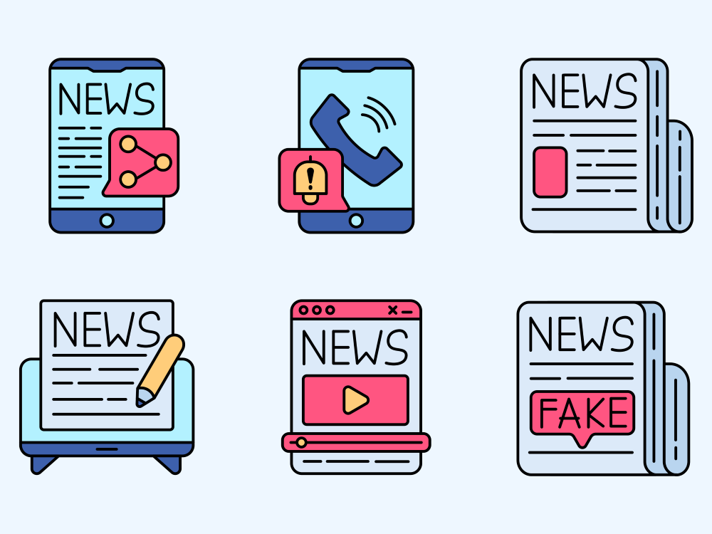 Six images representing different types of news—phones, newspapers, videos—with one labelled “fake”