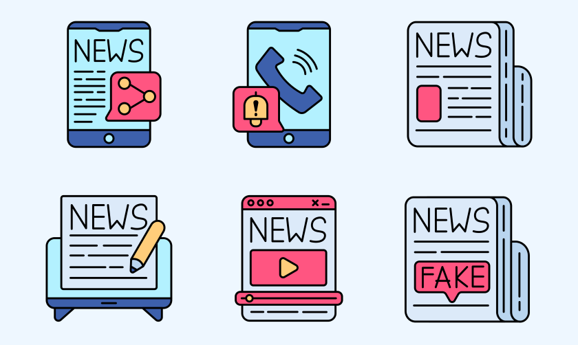 Six images representing different types of news—phones, newspapers, videos—with one labelled “fake”