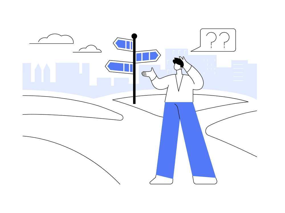 A person standing at a crossroads with a thought bubble containing question marks.