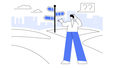 A person standing at a crossroads with a thought bubble containing question marks.