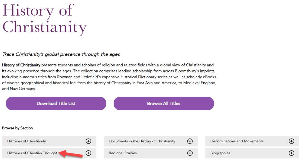Alt text: a screenshot showing the History of Christianity collection description, title list, and options to browse by section.