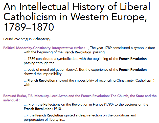 screenshot showing the search results for the phrase “French Revolution,” including sentence snippets for each result in which the words “French Revolution” are bolded