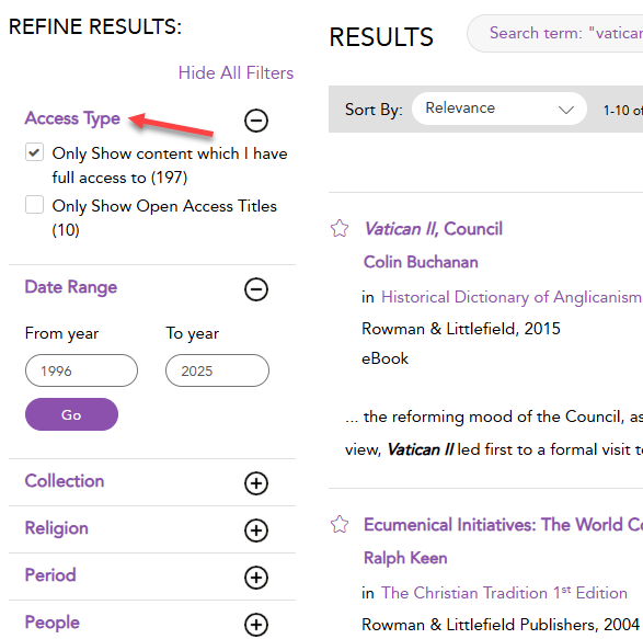 a screenshot showing the left sidebar of the search results, with “Only Show content which I have full access to (197)” checked under “Access Type.” Below Access type are filters for Date Range, Collection, Religion, Period, and People.