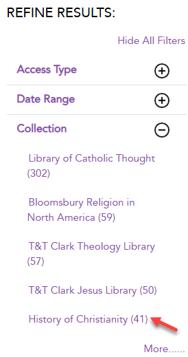 a screenshot showing a zoomed in view of the expanded Collection” filter, with a red arrow indicating “History of Christianity (41)”