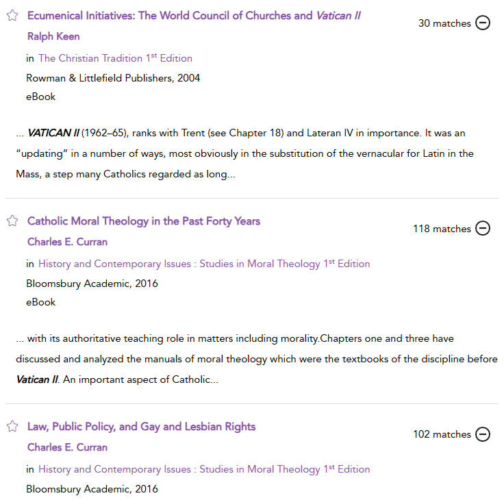 screenshot showing a zoomed in view of search results that include the titles, the authors, the number of search term matches, publication details, and a snippet of the text showing the search term