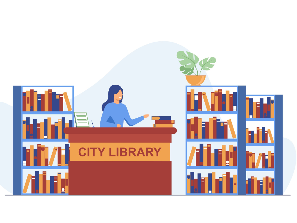 An illustration of a woman sitting behind a desk labeled “City Library” surrounded by stacks and shelves of books.