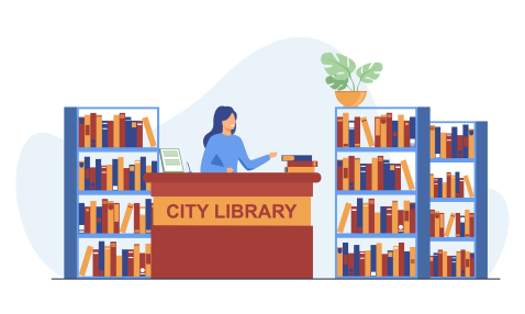 An illustration of a woman sitting behind a desk labeled “City Library” surrounded by stacks and shelves of books.