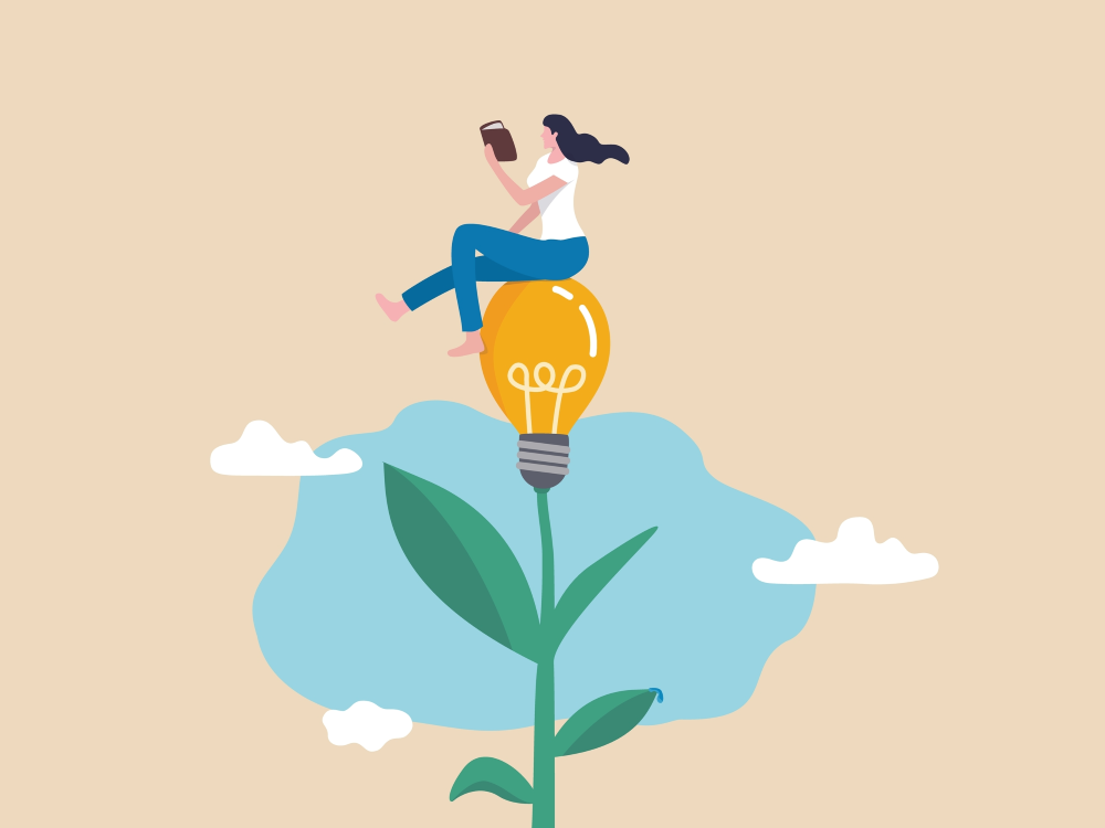 Illustration of a woman sitting atop a lightbulb blooming from the top of a stem, reading a book. 