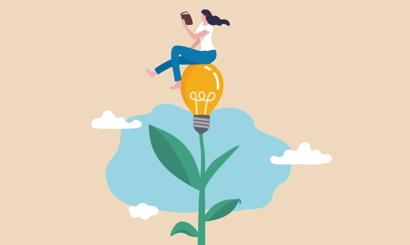 Illustration of a woman sitting atop a lightbulb blooming from the top of a stem, reading a book. 