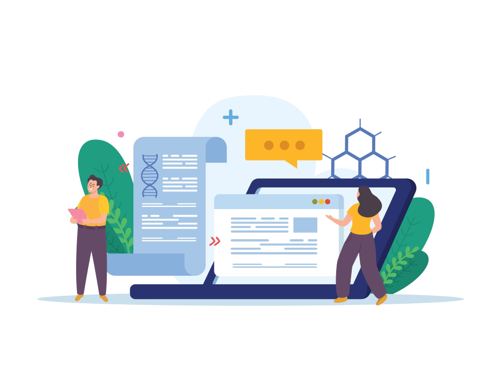 An illustration showing two people interacting with a giant laptop, tablet, and piece of paper, each featureing scientific symbols and writing