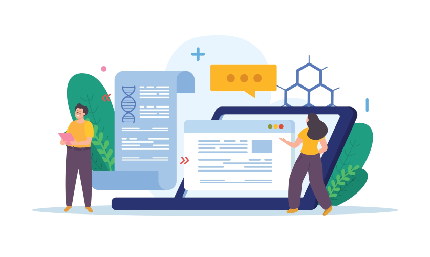An illustration showing two people interacting with a giant laptop, tablet, and piece of paper, each featureing scientific symbols and writing