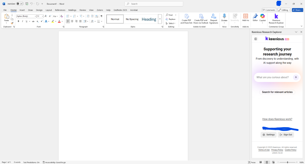 Screenshot of Microsoft Word add-on version of Keenious Plus as a column on the right of the Word window.
