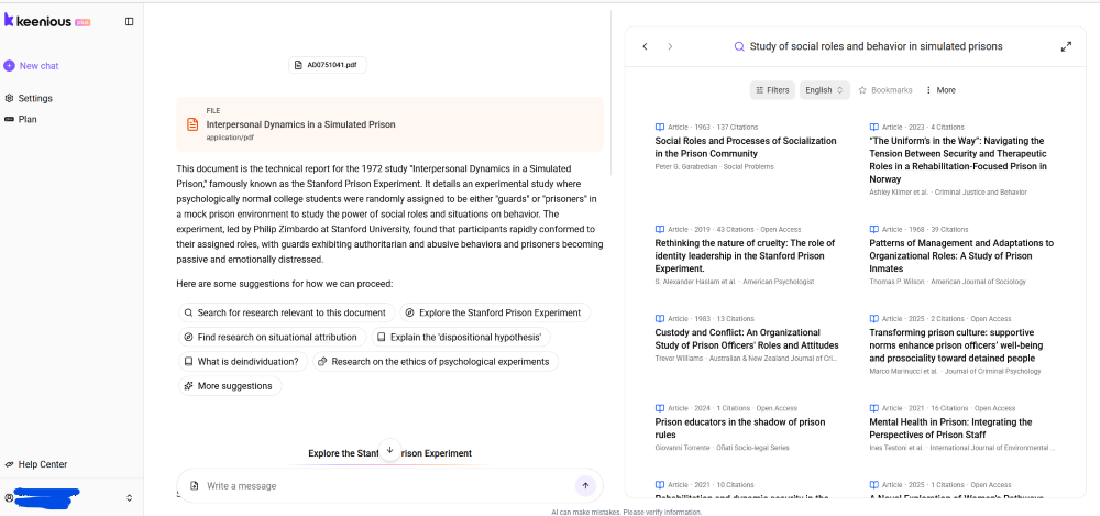 Screenshot of Keenious in the browser window, showing, on the left, an AI-generated description of the uploaded PDF copy of one of the original publications related to the Standford Prison Experiment, and, on the right, related results in OpenAlex.