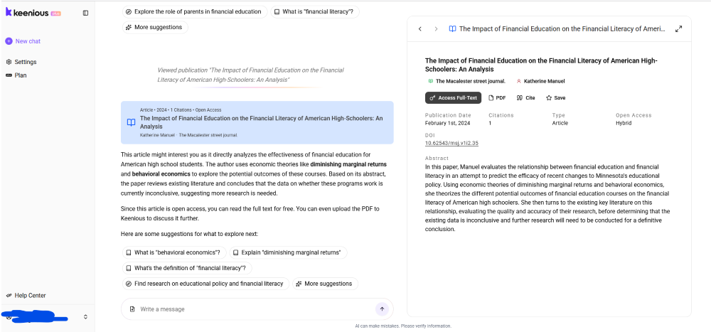 Screenshot of Keenious in the browser window with a selected search result displayed on the right-hand side; the tool’s description of the article and prompts for next steps in the research process appear on the left.
