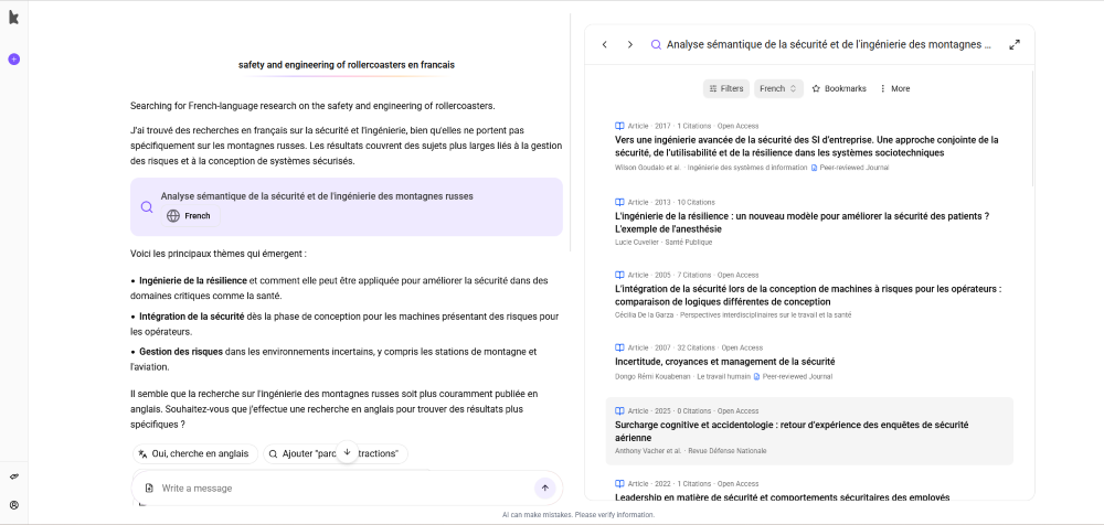 Screenshot of Keenious search results for French language sources for “safety and engineering of rollercoasters,” showing suggested search terms and results too broad to be useful.