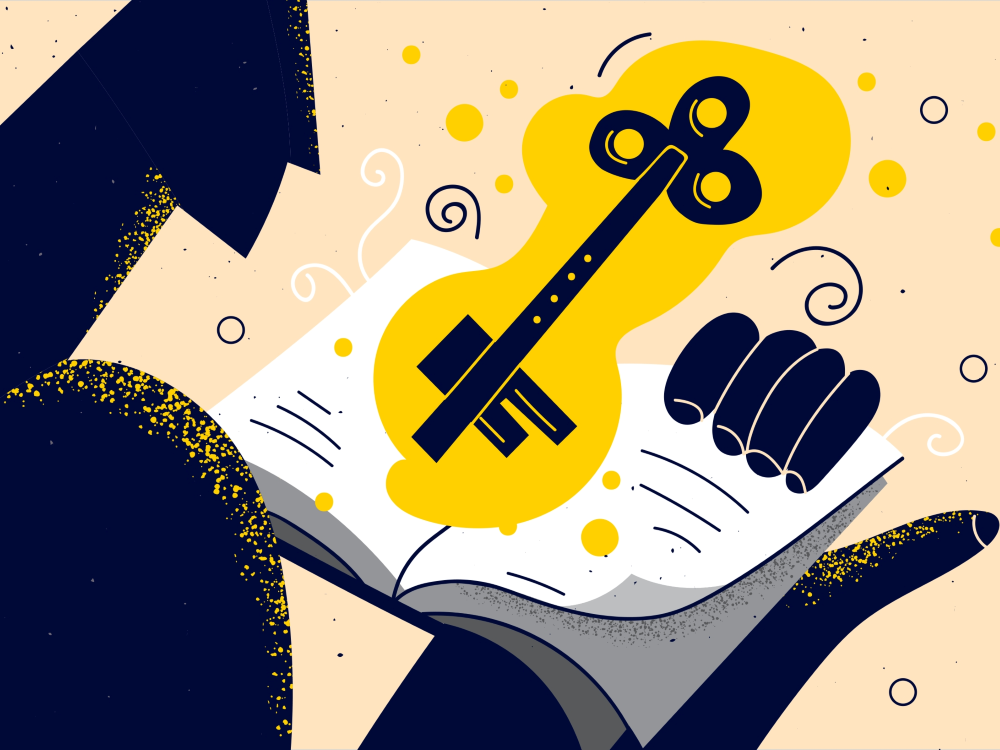 Illustration of a person holding an open book with a large key floating above it 
