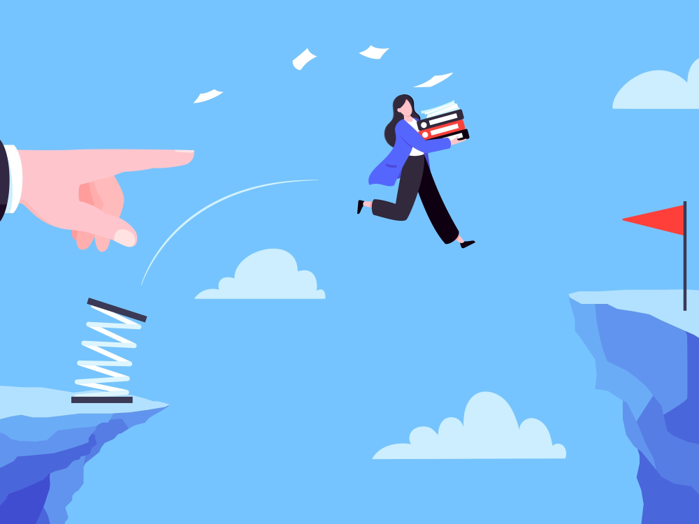 Illustration of a giant hand pointing at a woman holding a stack of books springboarding off of on cliff, over a gap, toward a slightly higher cliff, on which there is a red flag.