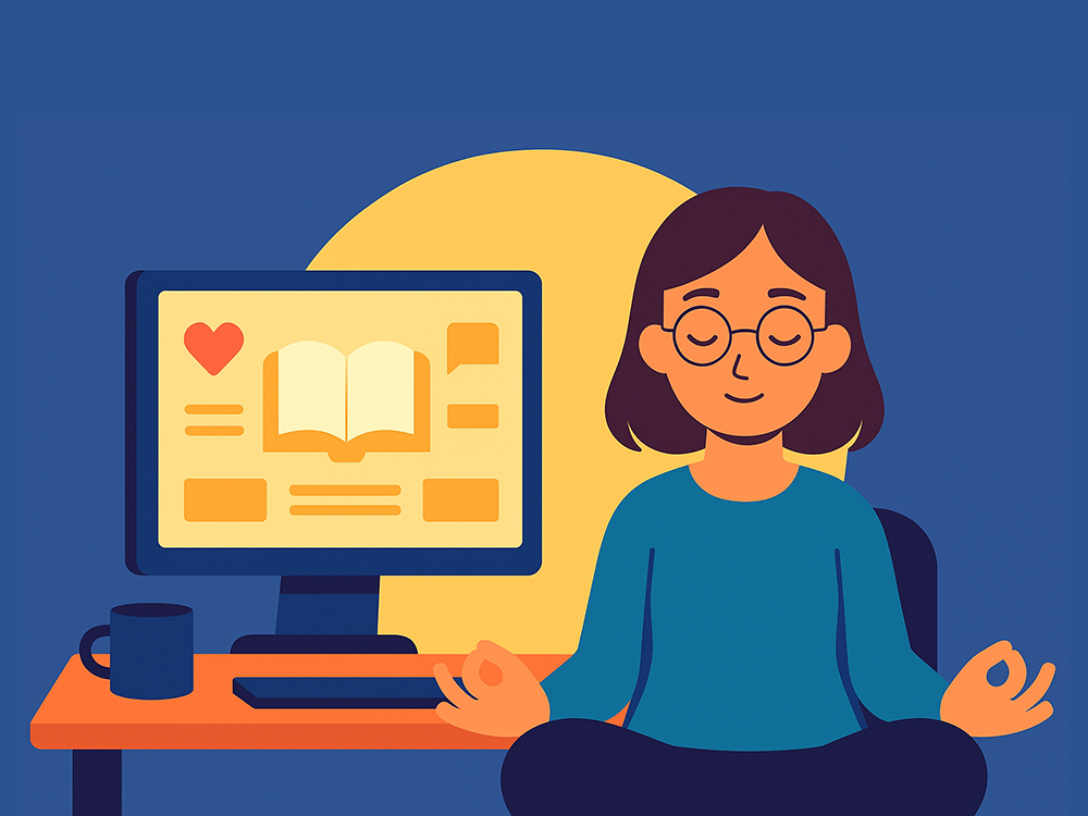 Illustration of a person in glasses with eyes closed, legs crossed, and fingertips pressed together, beside a computer with an open book and a heart on the monitor, and beside the computer, on the desk, a mug. 