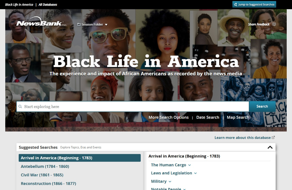 screenshot of the landing page of “Black Life in America,” showing search box at top of page and suggested searches below
