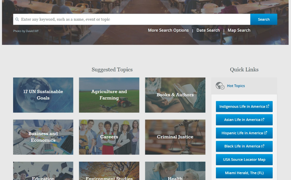 screenshot showing NewsBank homepage, with a list of “Quick Links” at the right including the names of Life in America collections