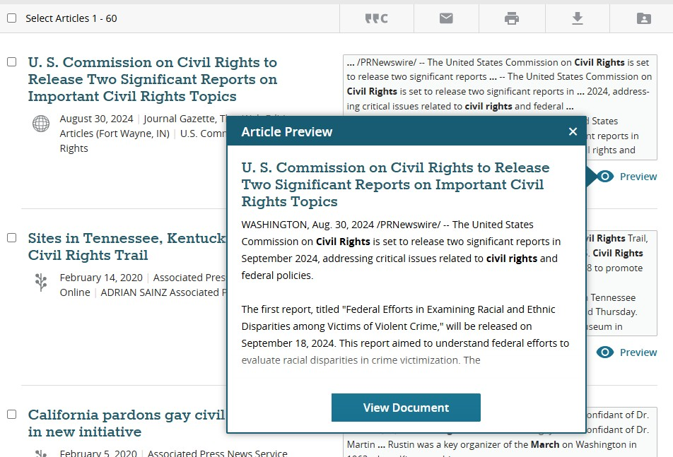 screenshot showing the search results page with an “Article Preview” window open in front of the results, displaying a preview of the text of a document titled “US Commission on Civil Rights to Release Two Significant Reports on Important Civil Rights Topics,” with a “View Document” button available at the bottom of the preview box
