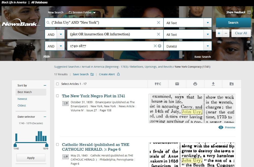 screenshot showing the results of a Suggested Search with preset search terms and limiters, including “John Ury” AND “New York” in the first search box; “(plot OR insurrection OR infurrection)” in the second; and “1740–1877” in the third