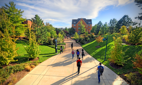 Students walk toward brick buildings along a sidewalk lined by green lawns and trees turning autumn colors 