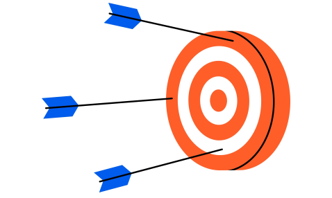 An illustration of a target pierced, off-center, by three arrows. 