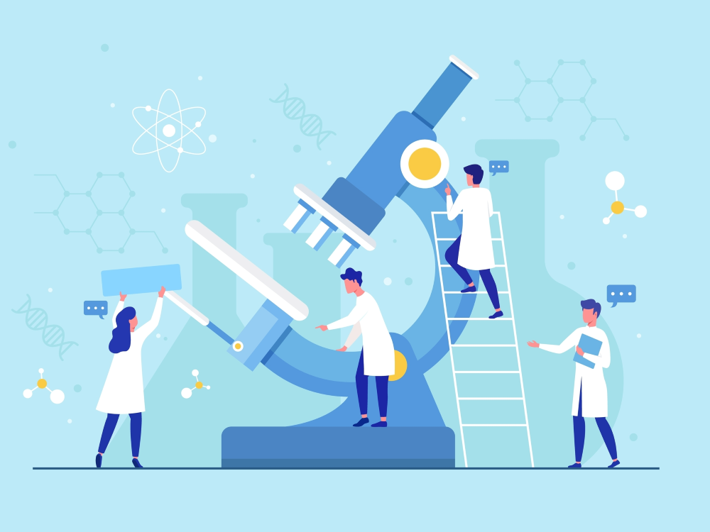 vector flat biotechnology illustration, experiment for biotechnology with chemistry science concept with microscope