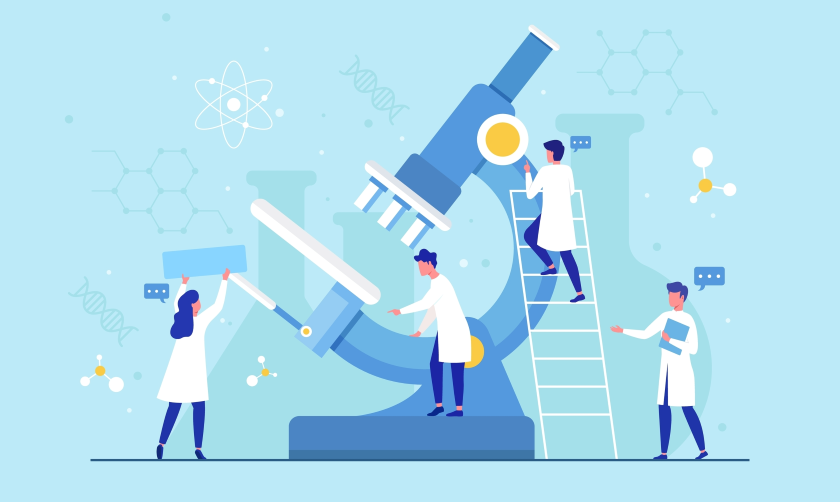 vector flat biotechnology illustration, experiment for biotechnology with chemistry science concept with microscope
