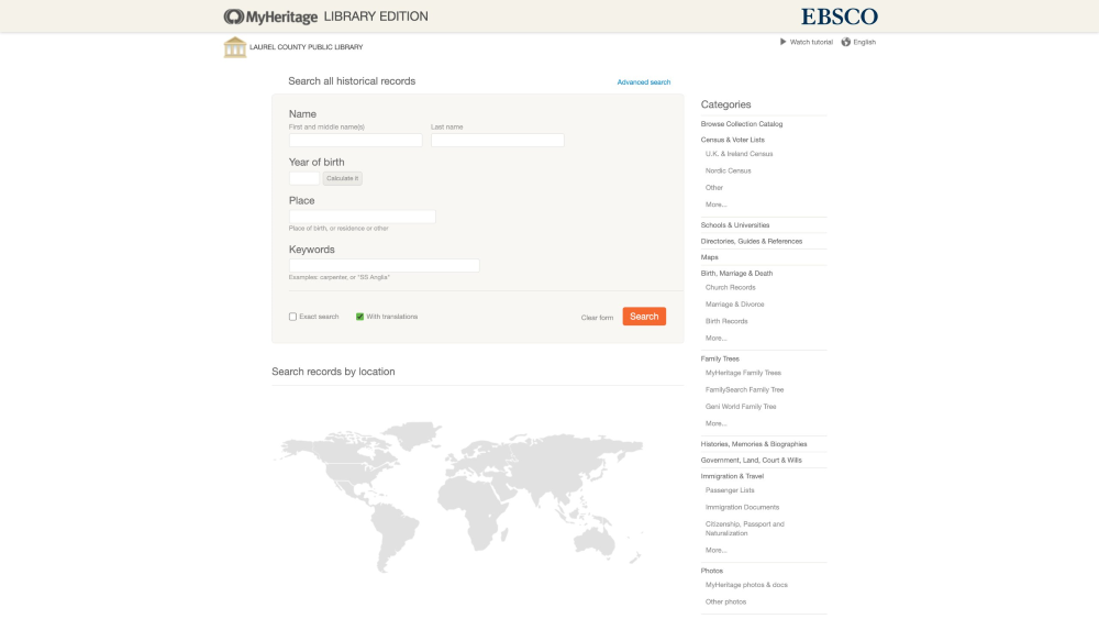 alt text: screenshot showing the MyHeritage Library Edition landing page, including basic search box with fields for name, year of birth, place, and keywords