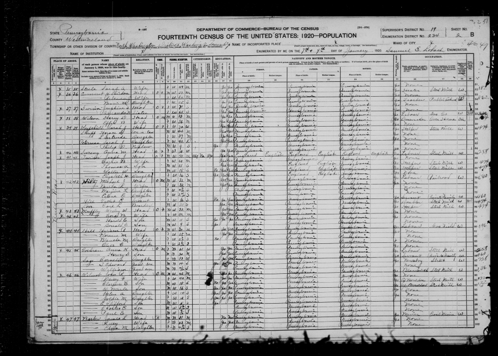 an image of a record titled “Fourteenth Census of the United States: 1920—Population,” with many detailed, handwritten rows and columns