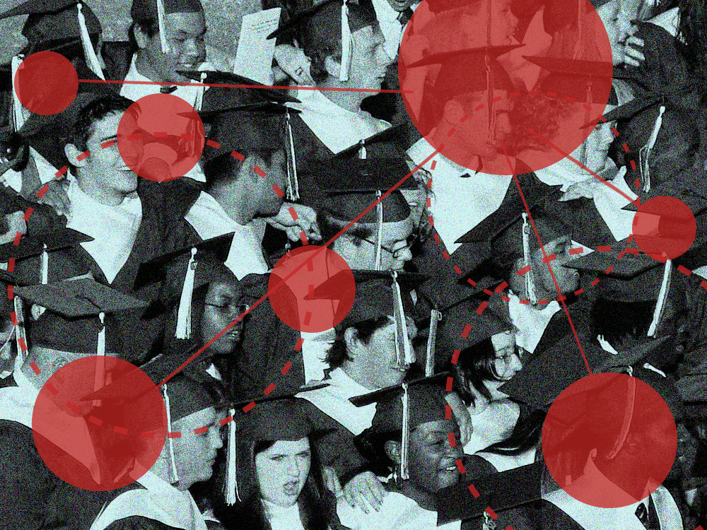 A photo of graduates in caps and gowns overlayed by lines and circles forming a network