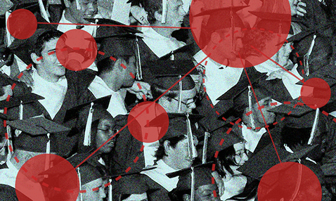 A photo of graduates in caps and gowns overlayed by lines and circles forming a network