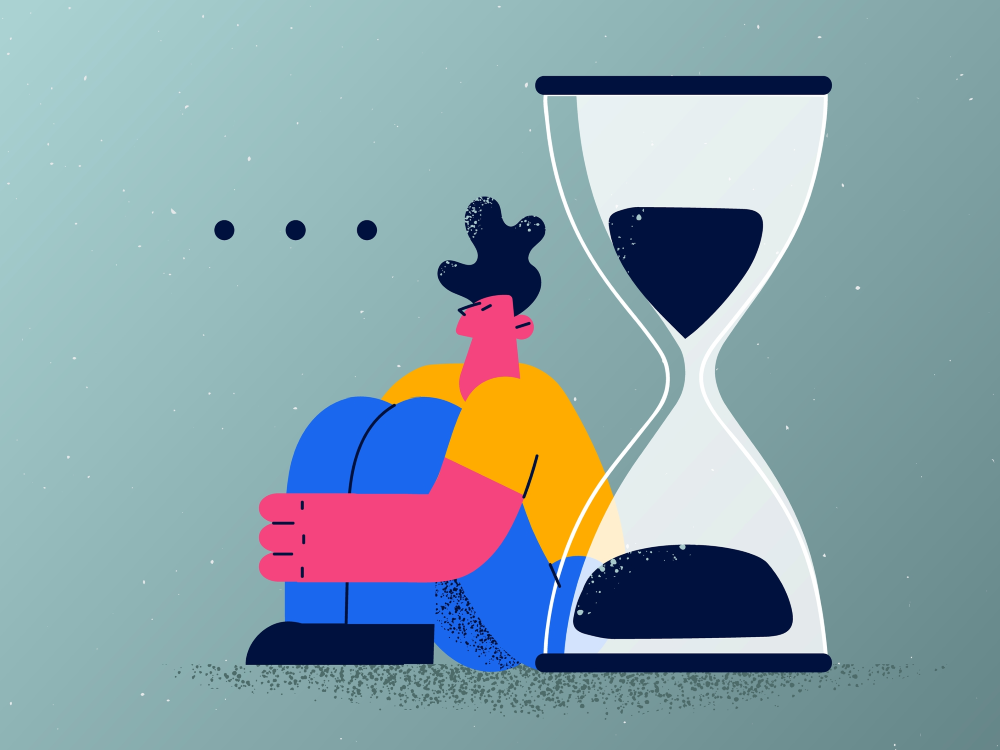 Illustration of a person sitting, gazing up anxiously, their back to a giant hourglass 