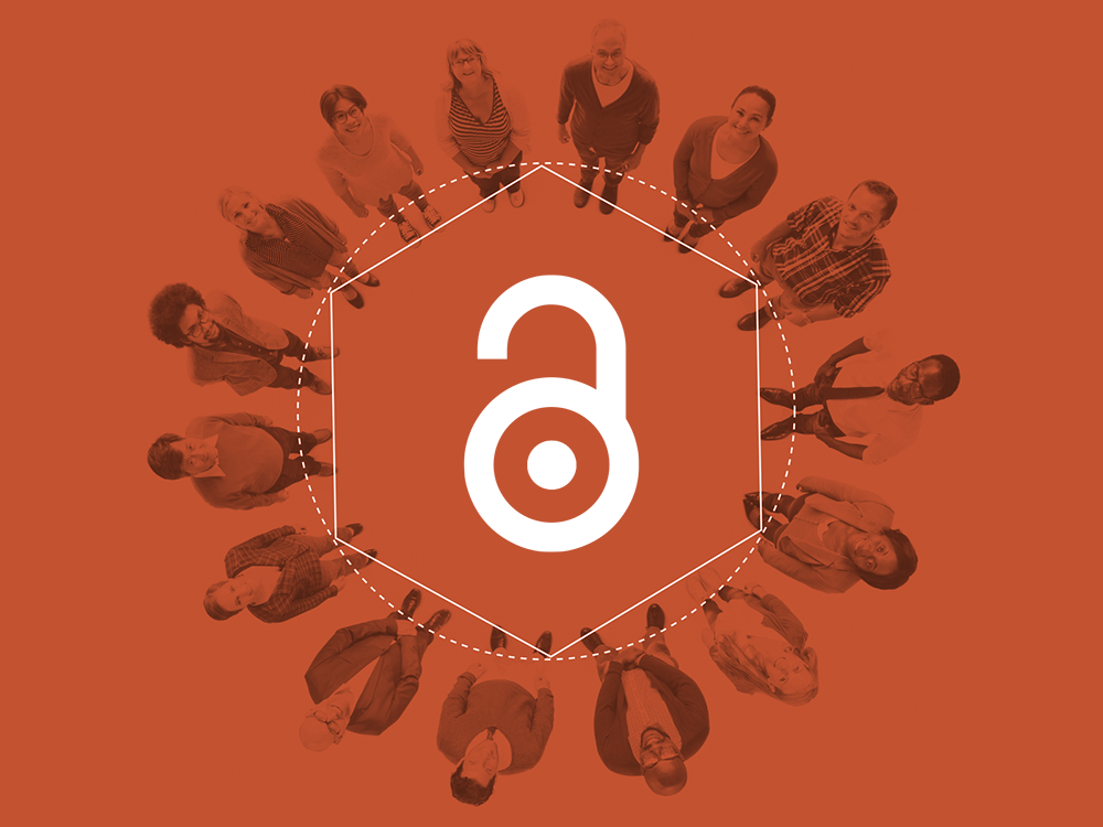 A photo illustration of people in a circle, looking up, smiling, surrounding an open padlock