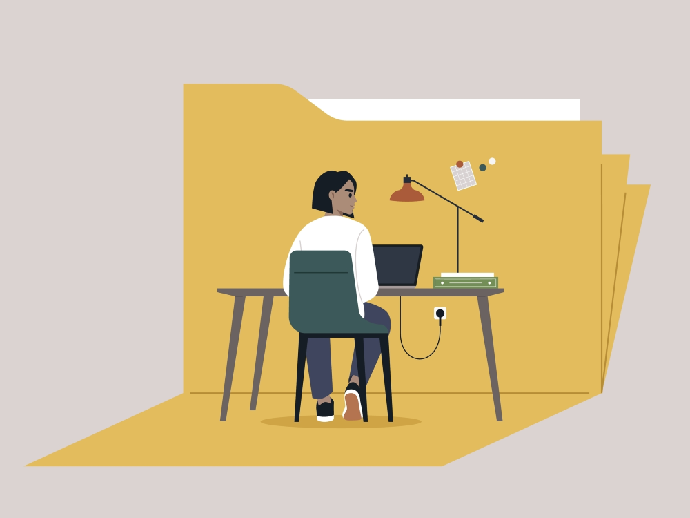 Illustration of a character sitting at a desk with a laptop facing a giant file folder