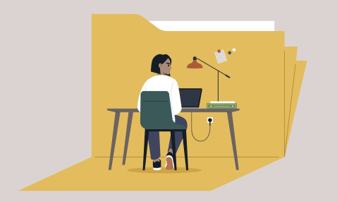 Illustration of a character sitting at a desk with a laptop facing a giant file folder