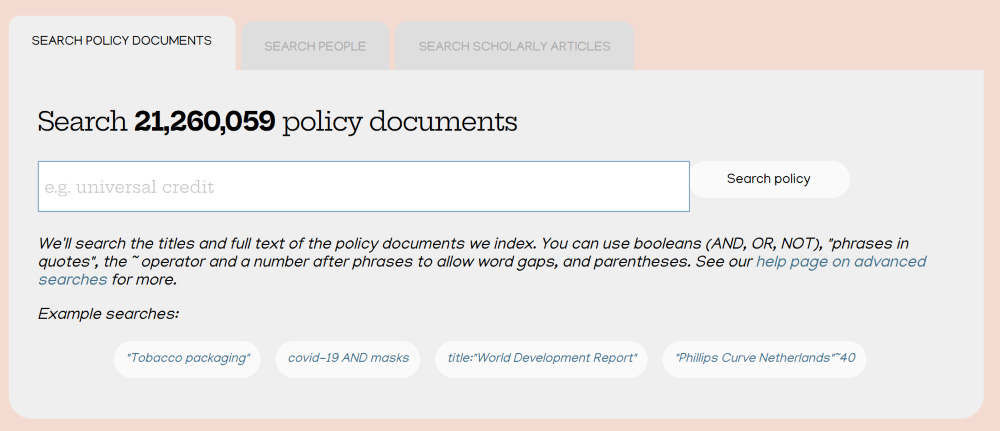Start page for searching Overton’s database with search tabs for policy documents, people, and scholarly articles