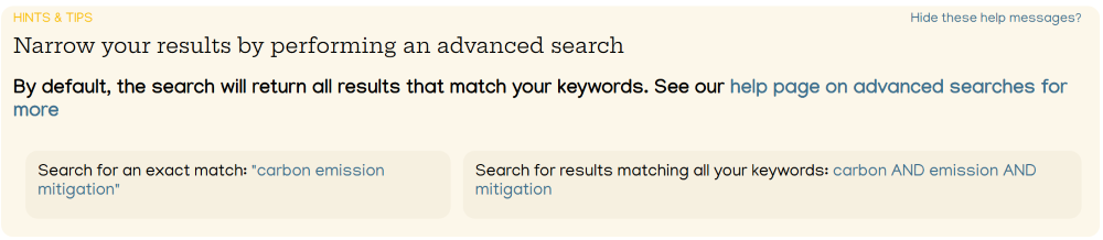 Screenshot of the hints and tips displayed on Overton after conducting a search